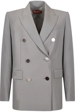 Max Mara Jassen, Dames, Grijs, M, Wol, Dubbelbreasted Satijnen Wollen Blazer