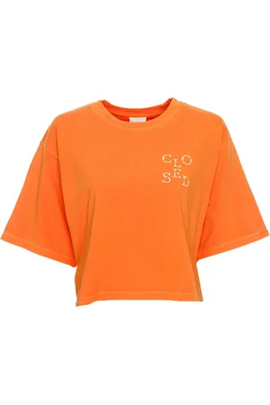 Closed Tops, Dames, Oranje, L, Katoen, Geribbelde T-shirt met ronde hals