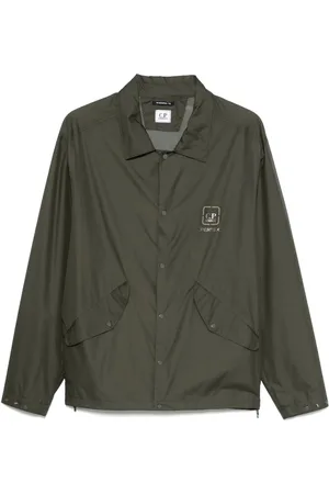C.P. Company Jassen, Heren, Groen, L, Polyester, Khaki Button-Up Jas met Zakken aan de Voorkant