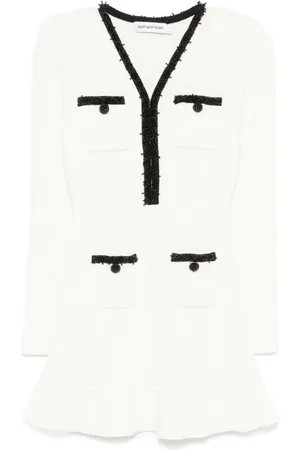 Self-Portrait Kleedjes, Dames, Wit, M, Beaded Long Sleeve Dress