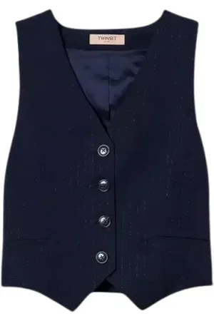 Twin-Set Jassen, Dames, Blauw, S, Leer, Blauwe Gestreepte Vest met Lurex Garen