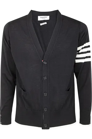 Thom Browne Truien, Heren, Zwart, M, Wol, Merino wollen V-hals cardigan met strepen