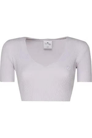 Courrèges Tops, Dames, Grijs, M, Katoen, Crop Top Ronde Kraag Mist