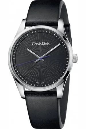 Calvin Klein Accessoires, Dames, Zwart, ONE Size, Leer, Elegante Quartz Horloge met Zwarte Wijzerplaat en Leren Band