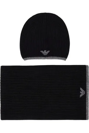 Emporio Armani Accessoires, Heren, Zwart, ONE Size, Wol, Luxe Zwart Grijze Beanie en Sjaal Set met Logo