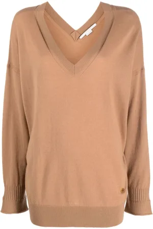 Stella McCartney Truien, Dames, Bruin, M, Wol, Bruine gebreide trui met V-hals en logo-embleem