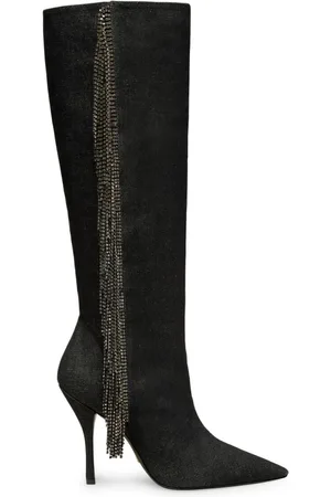 Stuart Weitzman Schoenen, Dames, Zwart, 38 EU, Denim, Crystal Fringe Knee-High Laars