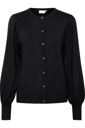 Kaffe Truien, Dames, Zwart, XL, Zwarte diepe cardigan met pofmouwen