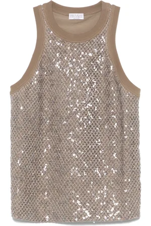 Brunello Cucinelli Tops, Dames, Grijs, L, Pailletten, Stijlvolle Top met Cutout en Pailletten