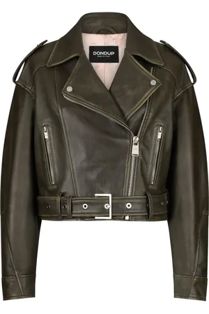 Dondup Jassen, Dames, Groen, L, Leer, Khaki Leren Bikerjack Ss 25