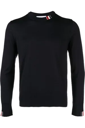 Thom Browne Truien, Heren, Blauw, L, Wol, Fijn Merino Jersey Gestreept Relaxed Crew Neck Pullover