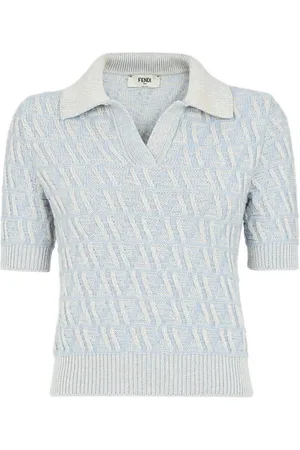 Fendi Truien, Dames, Blauw, S, Wol, Blauwe Jacquard Trui met Geribbelde Kraag