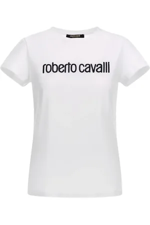 Roberto Cavalli Tops, Dames, Wit, XS, Katoen, Wit Logo T-shirt Gemaakt in Italië