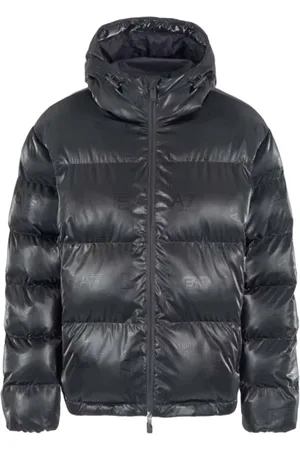 EA7 Jassen, Heren, Zwart, S, Polyester, Zwarte jassen met capuchon en logo-opdruk
