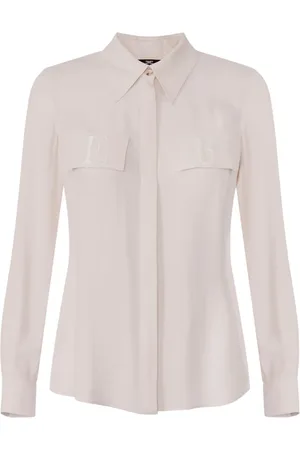 Elisabetta Franchi Blouses & Shirts, Dames, Roze, L, Georgette Jacquard Shirt met Letterprint en Lange Mouwen