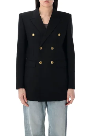 Saint Laurent Jassen, Dames, Zwart, M, Wol, Zwarte wollen gabardine double-breasted jas