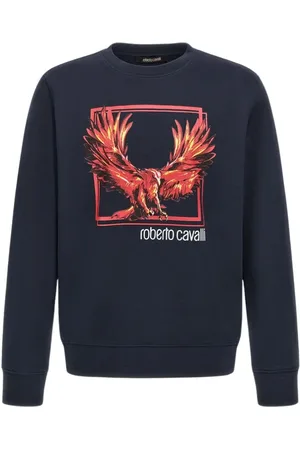 Roberto Cavalli Sweatshirts & Hoodies, Heren, Blauw, 2Xl, Katoen, Donkerblauwe Bedrukte Sweater Gemaakt in Italië