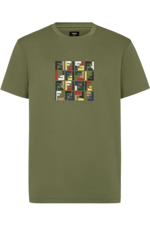 Fendi Tops, Heren, Groen, L, Katoen, Geborduurde FF-patroon Groene T-shirt