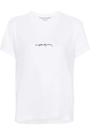 Stella McCartney Tops, Dames, Wit, S, Katoen, Iconic Love Logo Geborduurd T-shirt