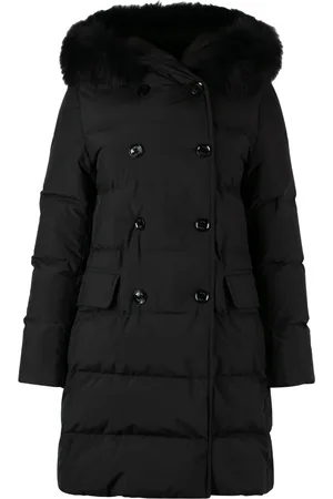 MOORER Mantels, Dames, Zwart, L, Polyester, Gewatteerde jas met afneembare bontkraag