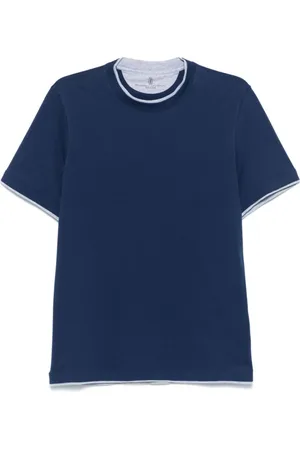 Brunello Cucinelli Tops, Heren, Blauw, XL, Katoen, T-shirt met gelaagd effect, marineblauw
