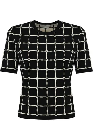 Elisabetta Franchi Tops, Dames, Zwart, L, Geometric Logo Sweater met Korte Mouwen