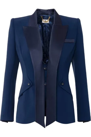 Elisabetta Franchi Jassen, Dames, Blauw, M, Satijn, Satijnen Revers Crêpe Smoking Jasje