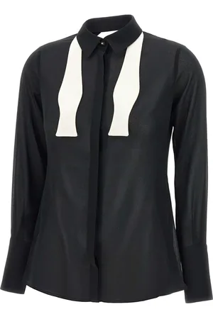 Elisabetta Franchi Blouses & Shirts, Dames, Zwart, L, Satijn, Zwarte Georgette Shirt met Grafische Contrast