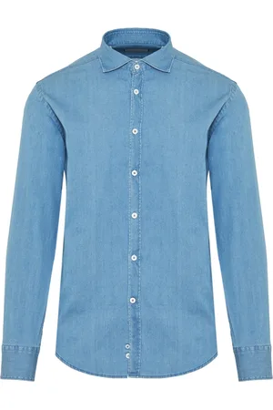 CANALI Overhemden, Heren, Blauw, L, Denim, Denim overhemd met Elastan, Gemaakt in Italië