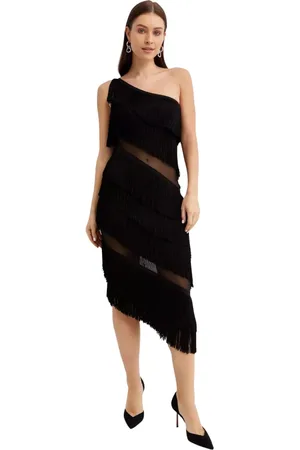 Norma Kamali Kleedjes, Dames, Zwart, M, Polyester, Asymmetrische Midi-jurk met Franjes