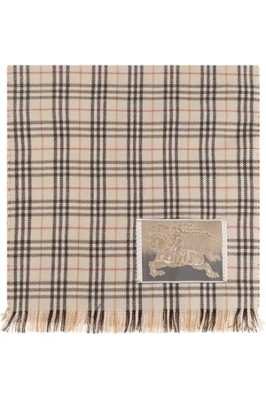 Burberry Accessoires, unisex, , ONE Size, Wol, Logo Patch Geruite Sjaal met Franjes