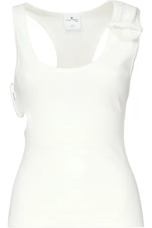 Courrèges Tops, Dames, Wit, S, Katoen, Geribbelde Tanktop met Knopen op de Schouder