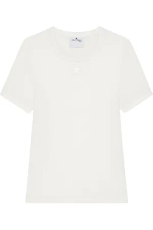 Courrèges Tops, Dames, Wit, S, Katoen, Logo Patch T-shirt met ronde hals