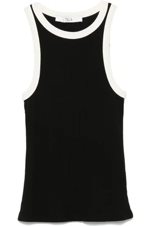 TELA Tops, Dames, Zwart, M, Zwarte Mouwloze Top met Ronde Hals