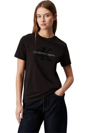 Calvin Klein Tops, Dames, Zwart, S, Katoen, T-shirt met structuurlogo