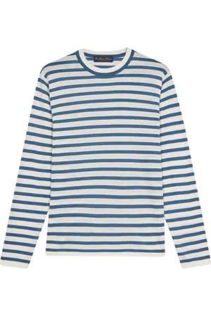 Brooks Brothers Tops, Heren, Blauw, M, Katoen, Lichtblauw Gestreept Trui met Ronde Hals