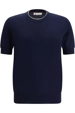 Brunello Cucinelli Tops, Heren, Blauw, 2Xl, Katoen, Monochrome katoenen T-shirt met ribdetails