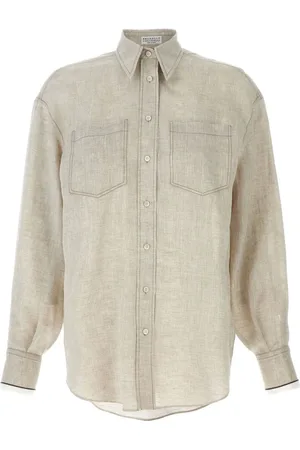 Brunello Cucinelli Blouses & Shirts, Dames, , L, Linnen, Linnen Overhemd met Monille Manchetten