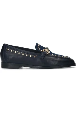 Manfield Schoenen, Dames, Blauw, 39 EU, Denim, Blauwe leren loafers met kettingdetail