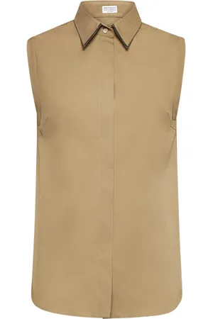 Brunello Cucinelli Blouses & Shirts, Dames, Groen, M, Katoen, Mouwloze blouse met glanzende bies