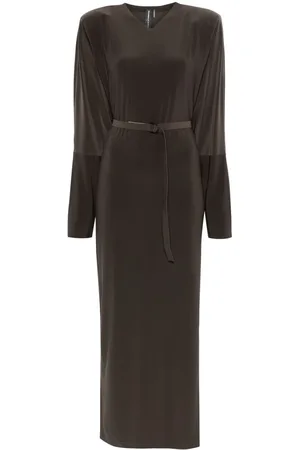 Norma Kamali Kleedjes, Dames, Bruin, M, Polyester, V-hals Jurk met Schoudervullingen