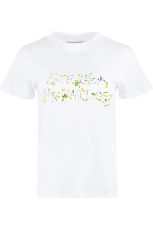 Stella McCartney Tops, Dames, Wit, S, Katoen, T-shirt met Geribbelde Halslijn