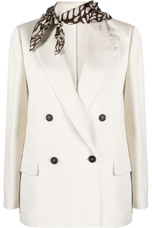 Brunello Cucinelli Jassen, Dames, , S, Katoen, Double-breasted blazer met sjaaldetail
