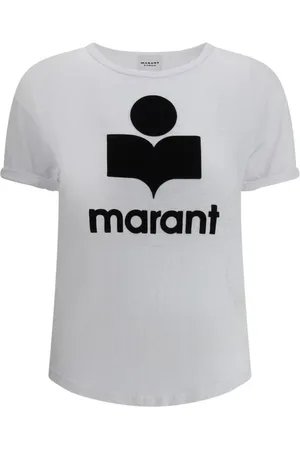 Isabel Marant Tops, Dames, Wit, M, Linnen, Logo T-shirt met omgeslagen mouwen
