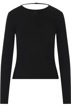 Courrèges Truien, Dames, Zwart, S, Katoen, Geribbelde Trui met Logo Borduursel