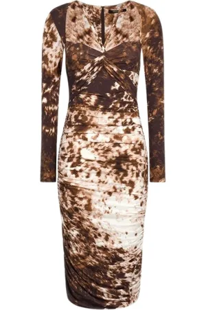 Roberto Cavalli Kleedjes, Dames, Bruin, S, Print Ruched Midi Jurk Bruin