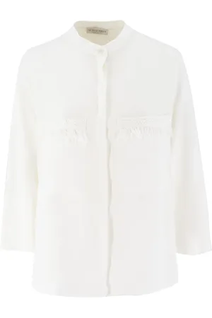 LE TRICOT PERUGIA Blouses & Shirts, Dames, Wit, L, Linnen, Linnen overhemd met franje borduurwerk