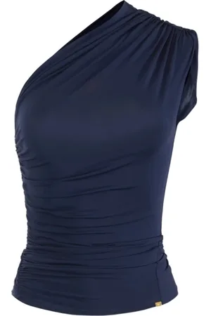 Elisabetta Franchi Tops, Dames, Blauw, L, One-shoulder jersey top met gouden detail