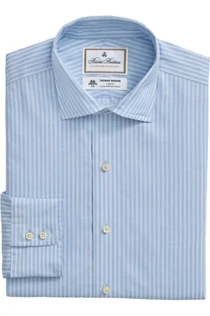 Brooks Brothers Overhemden, Heren, Blauw, M, Katoen, Lichtblauw Gestreept Regular Fit Katoen Linnen Overhemd met English Spread Collar