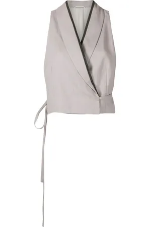 Brunello Cucinelli Tops, Dames, Grijs, M, Linnen, Mouwtjesloze jas met striksluiting